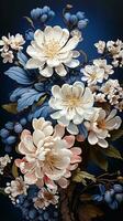 AI generated A breathtaking bouquet of white and blue delphiniums, lilies, and other flowers arranged against a dark blue backdrop. The vibrant colors and delicate petals create a stunning visual photo