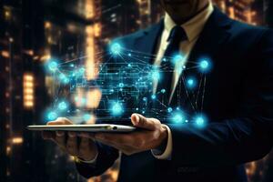AI generated Businessman with tablet in hands and connection concept. 3D rendering, A businessman holding a tablet and observing a virtual blockchain network with data fields floating around him photo