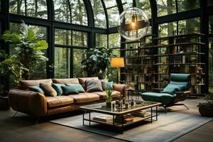 AI generated Serene and inviting living room with a brown couch, coffee table, and chair in a greenhouse. The room is surrounded by lush greenery, creating a peaceful and relaxing oasis. photo