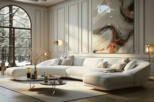 AI generated A stylish living room with a large white couch, black coffee table, and colorful rug. The white couch is the focal point of the room, providing ample seating for guests photo