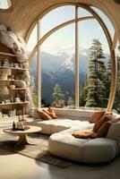 AI generated A cozy living room with a large window overlooking the mountains, perfect for enjoying the stunning views. The room is furnished with a comfortable couch, coffee table, and rug photo