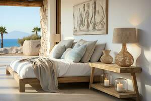 AI generated A soothing bedroom with a bed, a table with candles, and soft lighting, perfect for creating a romantic and relaxing atmosphere. The bed is made with soft sheets and blankets photo