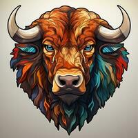 AI generated This striking digital art depicts a colorful bison head with blue eyes and horns, looking directly at the viewer with a determined expression. The bison head is adorned photo