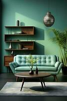 AI generated An elegant living room with a large window perfect for relaxing and enjoying the views. The room is furnished with a stylish couch, coffee table, and rug photo