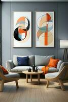 AI generated Inviting and spacious living room with a white sectional couch, coffee table, and rug. The room has large windows that let in plenty of natural light, and the walls are painted a color photo