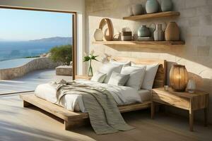 AI generated A cozy bedroom with a wooden bed and a large window, perfect for relaxing and enjoying the natural light. The wooden bed is warm and inviting, with soft pillows and blankets. photo