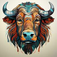 AI generated Vibrant digital painting of a buffalo head, its horns sharp and pointed, its eyes watchful and intelligent. The buffalo face is painted in a variety of colors, including red, yellow photo