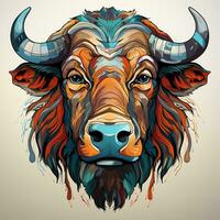 AI generated Vibrant digital painting of a buffalo head, its horns sharp and pointed, its eyes watchful and intelligent. The buffalo face is painted in a variety of colors, including red, yellow photo