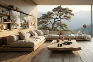 AI generated A modern living room with a gray couch, coffee table, and TV on a white wall. The gray couch is large and comfortable, with plenty of room to relax and unwind. photo