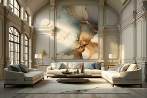 AI generated Sleek and stylish contemporary living room with a white sectional couch, coffee table, and rug. The room features clean lines and minimalist decor photo