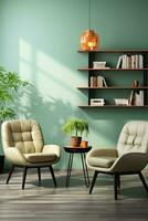 AI generated A cozy living room with a large window and a wooden table, perfect for relaxing and enjoying the views. The room is furnished with a comfortable couch photo