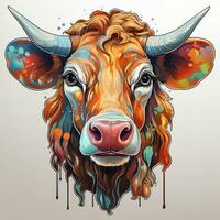 AI generated A close-up of a cow head, painted in a vibrant and colorful style. The cow has long, flowing hair and dramatic horns. The artist has used a variety of brushstrokes photo