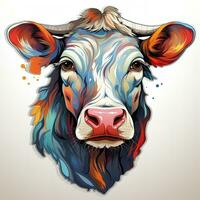 AI generated Striking digital art of a cow's head, its fur rendered in a vibrant palette of colors, including red, blue, green, and yellow. The cow's horns and eyes glow with neon lights, photo