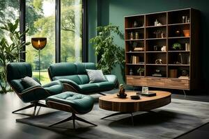 AI generated Stylish and inviting living room with a modern gray couch, white coffee table, and large window overlooking a lush forest. The couch is placed in front of the window photo