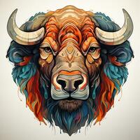 AI generated This mesmerizing digital art depicts a colorful buffalo head with a variety of patterns and textures, isolated on a white background. The buffalo head is adorned with a vibrant photo