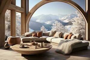 AI generated Warm and inviting living room with a large white sectional couch, fireplace, and large window with a stunning view of a snowy mountain range. photo