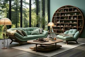 AI generated Spacious and inviting living room with a white sectional couch, ottoman, and large window overlooking a mountain range. The couch and ottoman are placed in front of the window photo