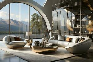 AI generated A cozy living room with a sectional couch, coffee table, and fireplace. The sectional couch is large and comfortable, with enough room for the whole family to relax. photo