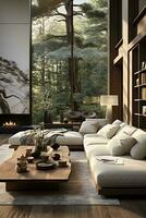 AI generated Cozy and inviting rustic living room with a brown leather couch, wooden coffee table, and fireplace. The room is decorated with natural materials and textures, such as wood, stone photo