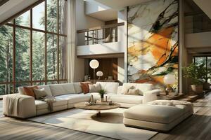 AI generated A cozy living room with a sectional couch, coffee table, and rug, perfect for relaxing and unwinding. The sectional couch is large and comfortable photo