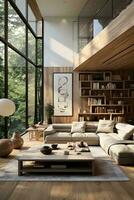AI generated Stylish and sophisticated mid-century modern living room with a gray couch, white coffee table, and large window overlooking a city skyline. photo