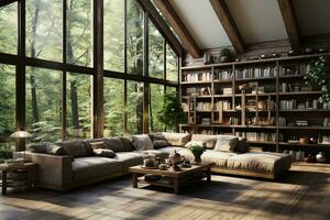 AI generated A bright and airy living room with a white couch, coffee table, and bookshelf filled with books and plants. The white couch is large and comfortable, with plenty of room to relax photo
