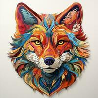 AI generated A digital illustration of a colorful fox head, adorned with leaves and flowers, on a white background. The fox has bright orange fur, and the leaves and flowers are in a variety of colors photo