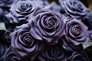 AI generated A close-up photo of a purple rose in full bloom, revealing its velvety petals and delicate yellow center. The rose has a sweet fragrance and is surrounded by soft green leaves.