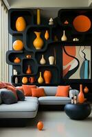 AI generated A sleek living room with a black couch, painting, and vases on a black wall. The black couch is placed in the center of the room, facing a large black wall with a single painting photo