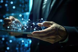 AI generated Close up of businessman hands using tablet pc with social connection concept. Mixed media, A businessman holding a tablet and observing a virtual blockchain network with data fields photo
