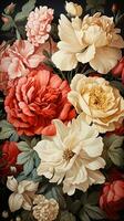 AI generated Close-up of a bouquet of vibrant red and white flowers arranged on a dark background. The flowers are in full bloom and their petals are soft and delicate. photo