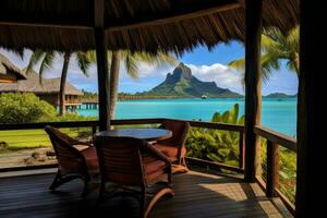 AI generated Table and chairs on the terrace with view of the island of Mauritius, Vista Bungalow Bora Bora, AI Generated photo