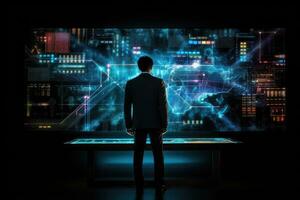 AI generated Back view of businessman looking at virtual panel with charts on dark background, A businessman employing holographic projection for financial analysis and decision-making, AI Generated photo