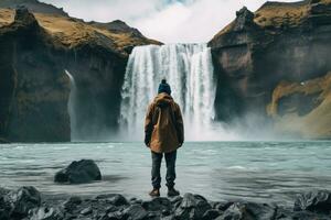 ai generado viajero hombre mirando a seljalandsfoss cascada en Islandia, pasión de viajar explorador descubriendo islandés natural maravillas, ai generado foto