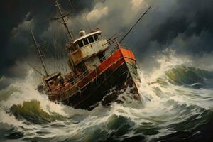 AI generated fishing boat on stormy sea background, digital painting, illustration, Vintage fishing boat taking on rough seas, AI Generated photo