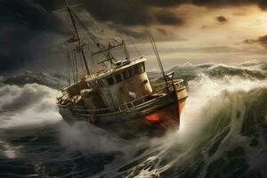 AI generated Fishing boat in stormy sea, 3d render illustration, Vintage fishing boat taking on rough seas, AI Generated photo