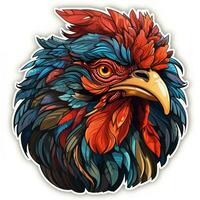 AI generated Vivid digital painting of a hen head adorned with colorful flowers. The hen bright red comb and wattles stand out against its white plumage, and its eyes are large and intelligent. photo