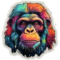AI generated Vivid digital painting of a gorilla head with a wide, toothy grin and a playful expression in its eyes. The gorilla fur is a variety of bright colors, and its ears are perked up photo