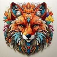 AI generated This stunning AI-generated image shows a colorful fox with a variety of flowers on its head. The fox has bright orange fur, large green eyes, and a mischievous expression on its face. photo