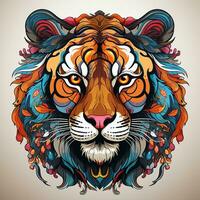 AI generated This enchanting digital artwork depicts the head of a majestic tiger with a floral mane and expressive eyes. The tiger fur is a vibrant tapestry of colors photo