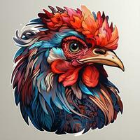 ai generado vívido digital pintura de un gallina cabeza, con sus brillante rojo peine y barbas en pie fuera en contra un llanura blanco antecedentes. el gallina ojos son grande y inteligente, foto