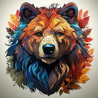 AI generated Whimsical and enchanting digital art of a colorful bear head with leaves and feathers, isolated on a white background. The bear's head is adorned with a variety of colorful leaves photo