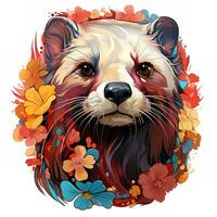 AI generated Whimsical digital illustration of a colorful ferret surrounded by flowers on a white background. The ferret has bright orange fur, large green eyes, and a mischievous photo