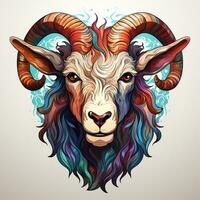 AI generated A vibrant and realistic digital painting of a goat head. The ram's long horns are curled and twisted, and its mane is a flowing mass of colors. The goat eyes are intelligent and piercing photo