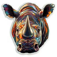 AI generated This eye-catching digital artwork depicts a colorful rhino head with geometric patterns and vibrant colors on a white background. The rhino's horn is twisted and spiraled photo