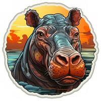 AI generated Vivid digital painting of a majestic hippo head with a flowing mane and piercing golden eyes. The hippo face is framed by a thick mane of fur that cascades over its shoulders and chest. photo