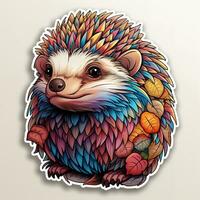 AI generated Vivid digital painting of a hedgehog with a colorful coat and leaves on its back, set against a plain white background. The hedgehog eyes are large and expressive photo