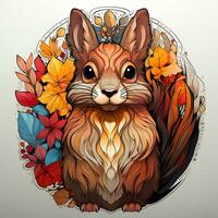 AI generated This enchanting digital artwork depicts a glowing squirrel surrounded by flowers and leaves. The squirrel's fur is a vibrant shade of green, and its body is surrounded by a soft photo
