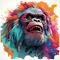 AI generated Highly detailed digital painting of a gorilla head with long, spiraled horns and a colorful mane. The gorilla face is turned towards the viewer, revealing its bright and intelligent eyes. photo
