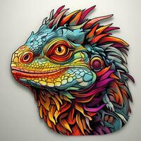 AI generated A vibrant and futuristic illustration of an iguana head in a unique neonpunk style. The iguana's head is depicted in shades of bronze and azure, with neon accents that highlight photo